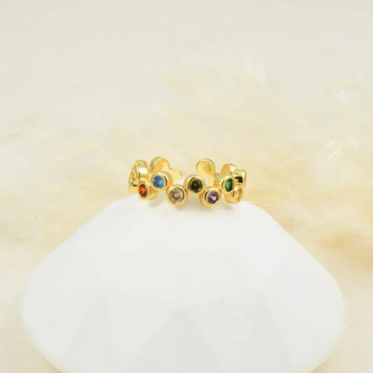 Anillo dorado flores y piedras multicolor
