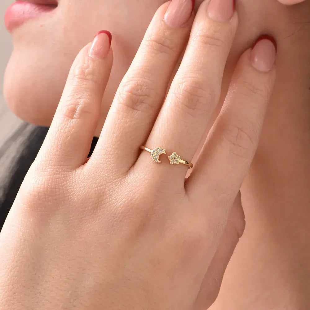 Anillo Ajustable Luna Y Estrella Con Microcircones
