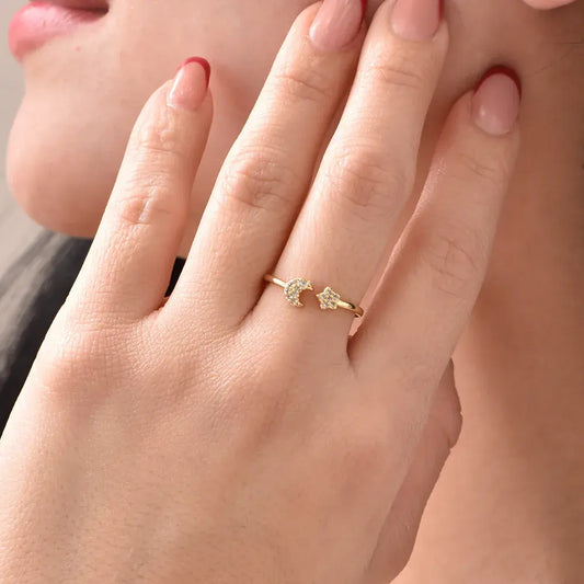 Anillo Ajustable Luna Y Estrella Con Microcircones